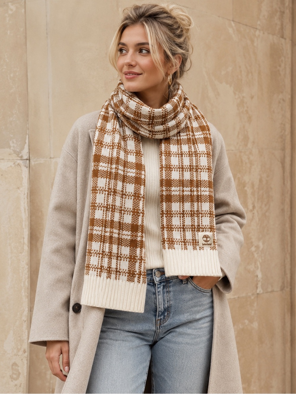 Timberland Plaid Knit Scarf Brown Tan Cream Checkered Logo 100% Acrylic OS NWT